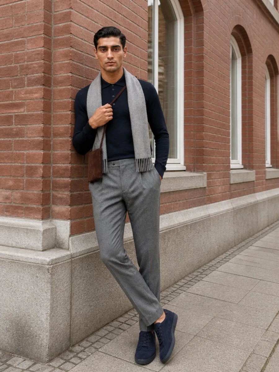 Drumohr navy polo grey tailored trousers outfit