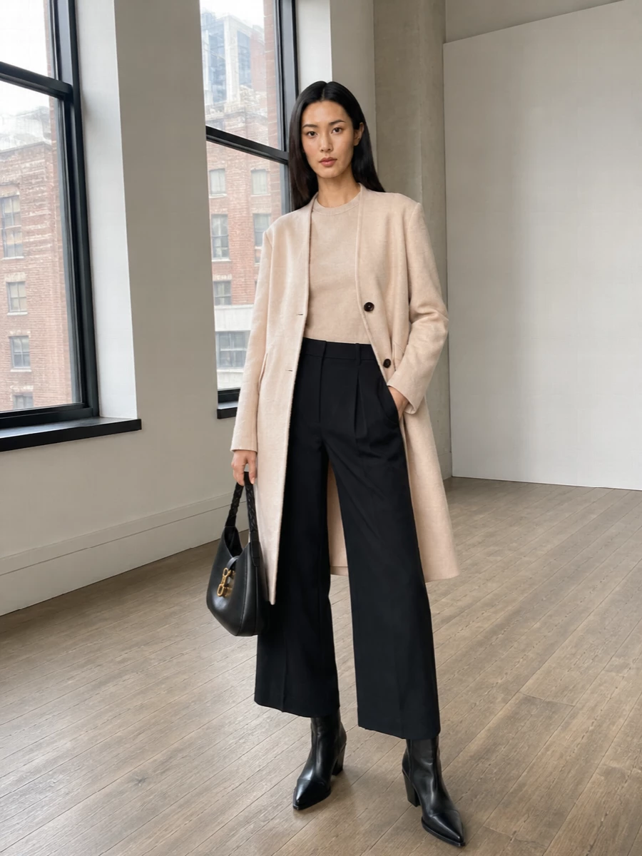I am styling this as a knit-and-trouser ensemble rather than a dress, because the coat’s collarless cut and everyday polish sit best over slim wool tailoring and a fine, layered knit. The soft oatmeal crew, charcoal wide leg, and black western boots create a long, fluid line under the cream coat, keeping everything quiet but clearly city-focused. A structured black hobo ties the darker base together, giving a clean, modern contrast to the warm neutrals up top.