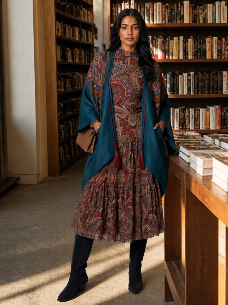 Etro paisley cape dress outfit suede boots