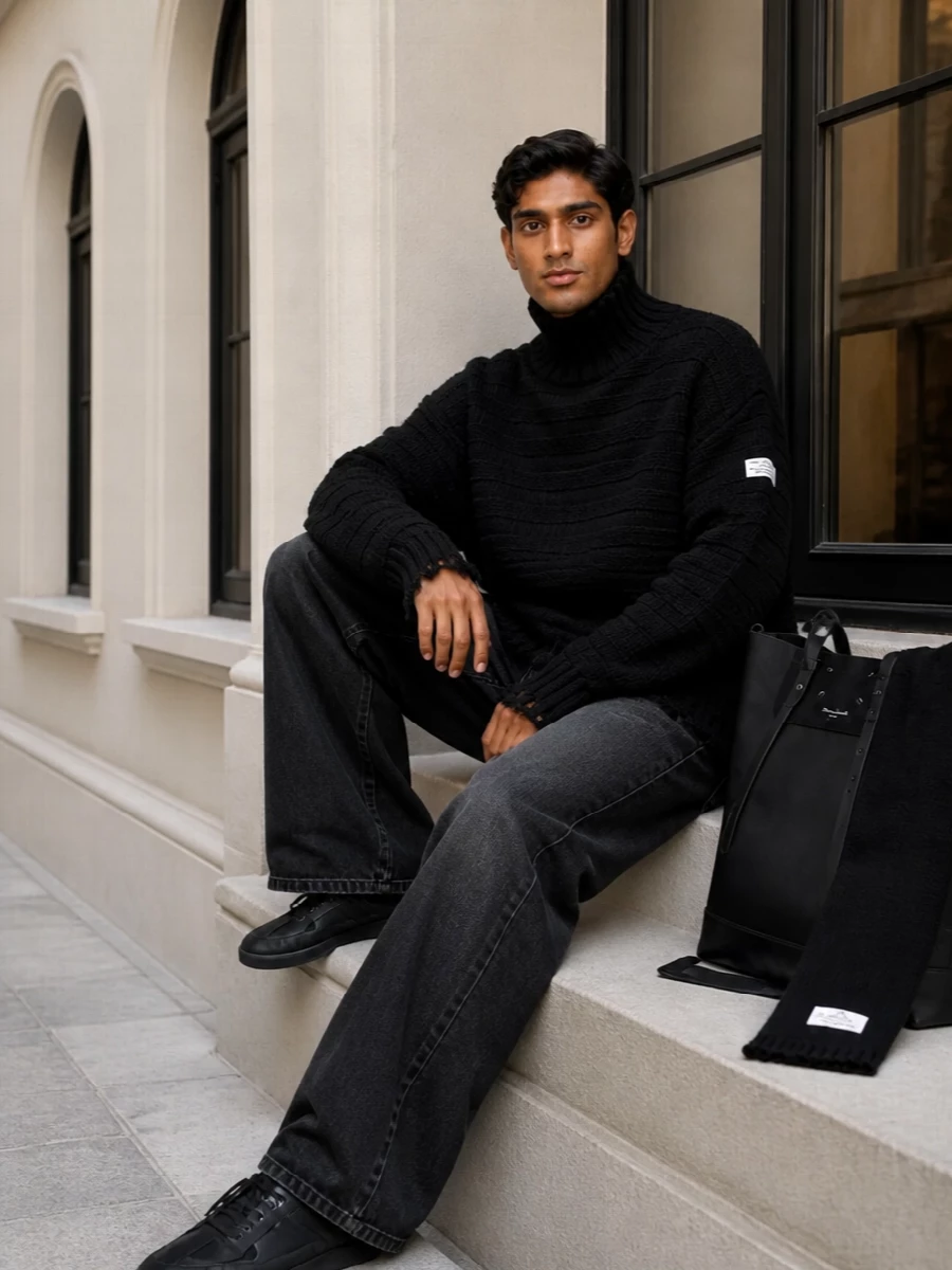 Maison margiela black wide leg jeans knit outfit