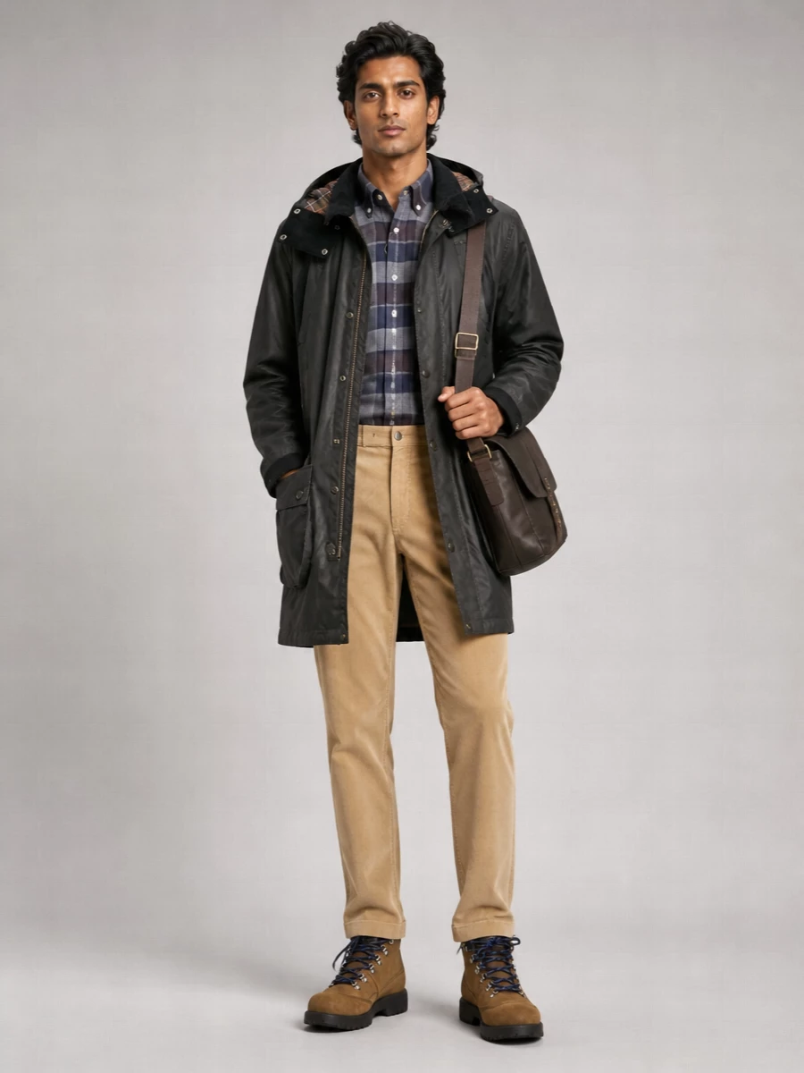 Barbour waxed cotton long padded coat