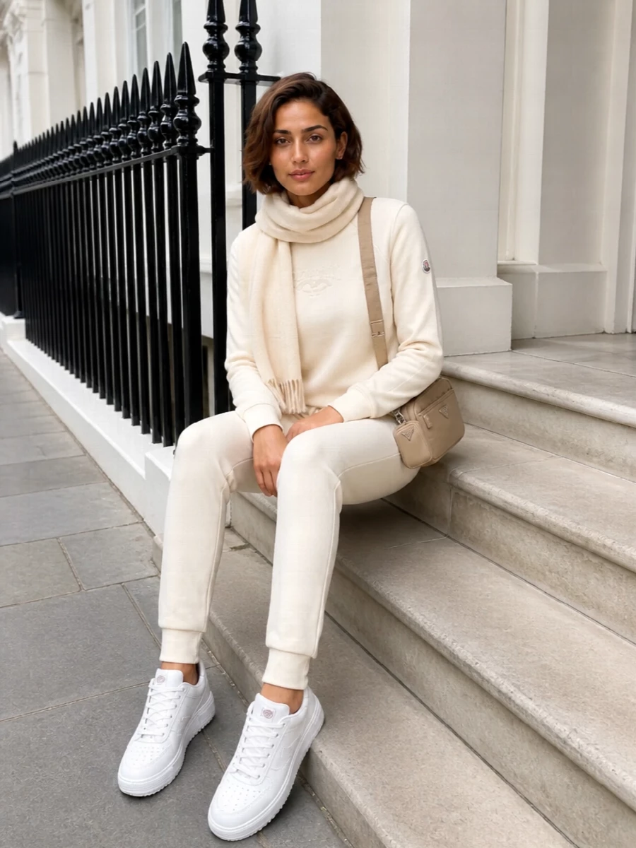 Moncler cream sweatshirt joggers sneakers outfit