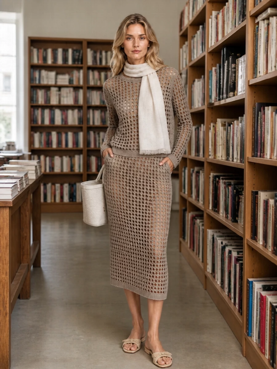 Anchor the taupe open-knit jumper with the matching midi skirt for a clean, columnar set that feels airy yet composed. Butter-beige slides keep the mood relaxed, while the structured ivory-and-raffia tote adds a considered, coastal note that still works in the city. Finish with a barely-there ivory wrap at the neck for an extra whisper of softness and polish.
