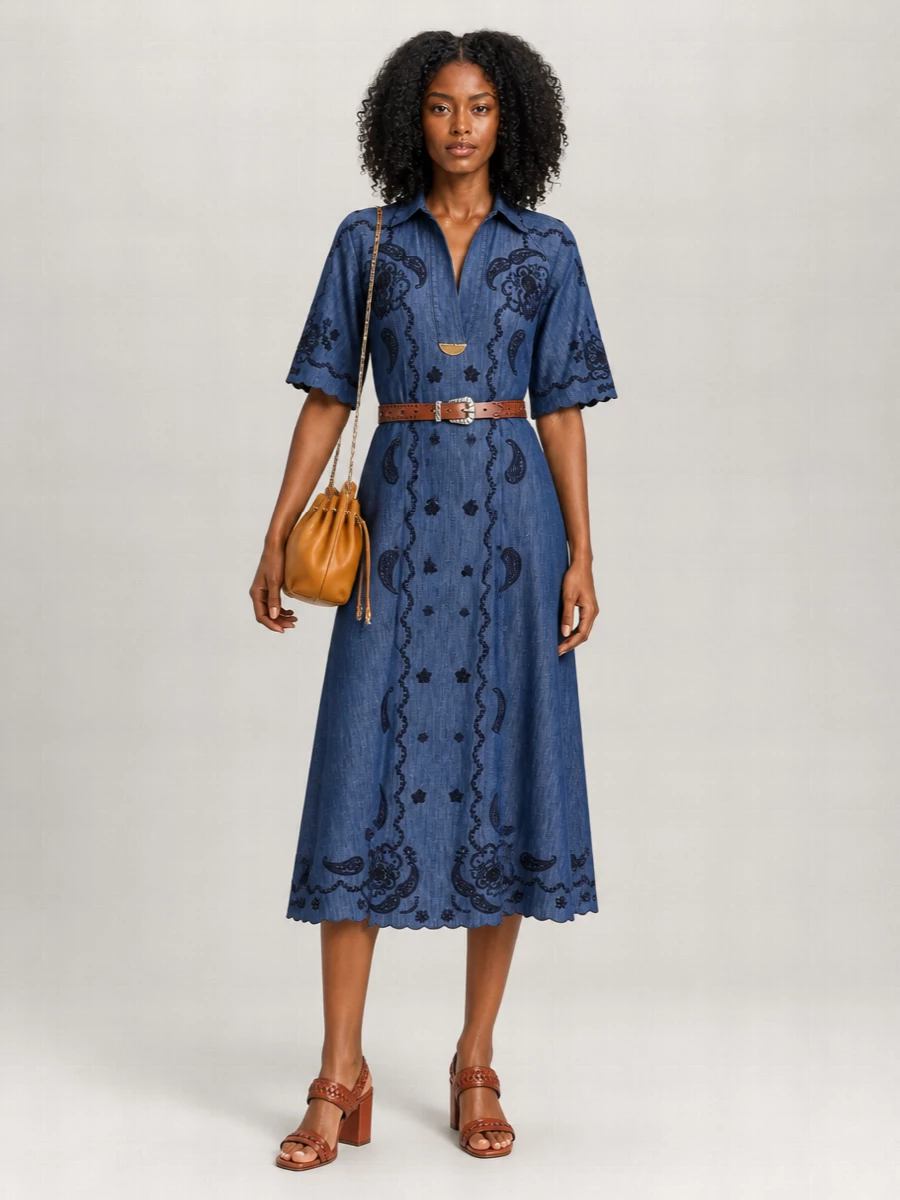 Zimmermann Denim Embroidered V-Neck Midi Dress