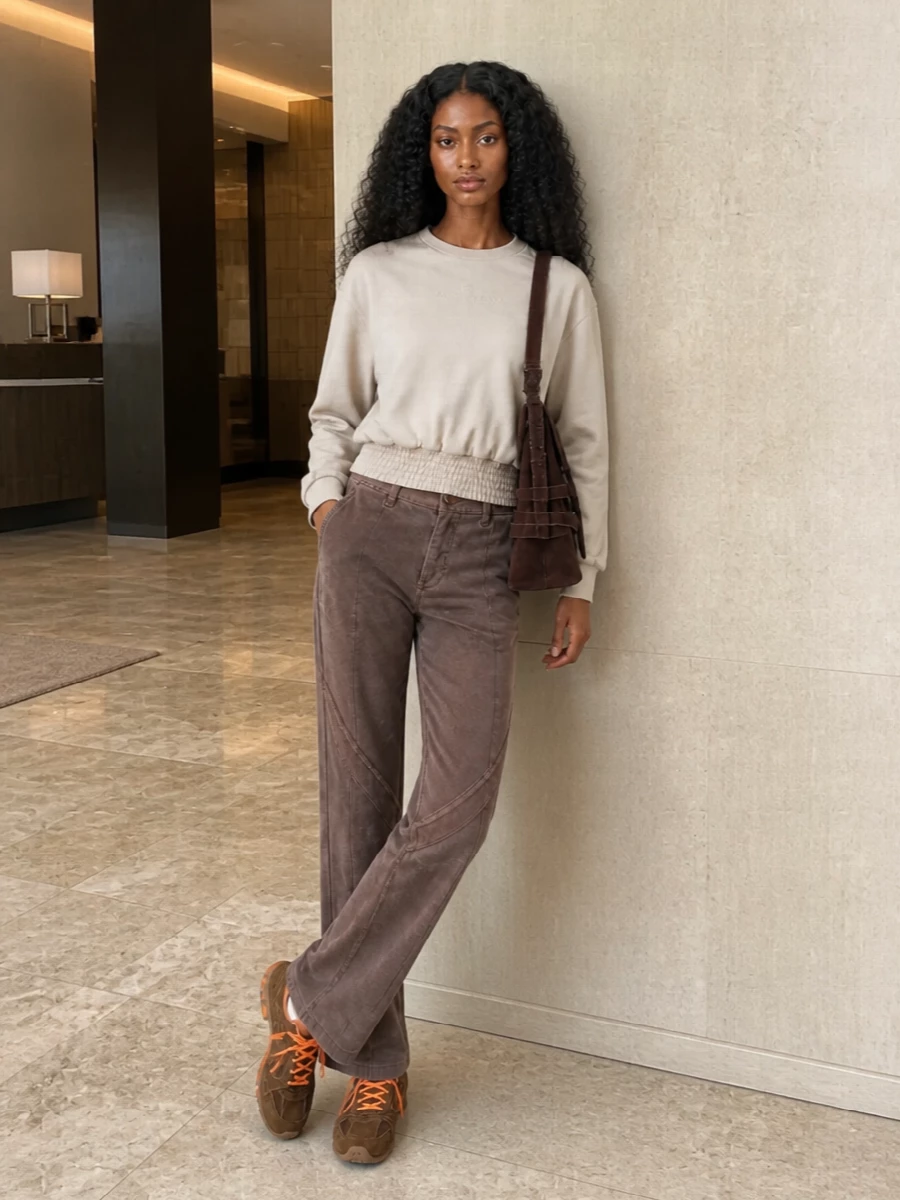 A tonal cocoa-and-beige story lets the sneaker’s orange lace pop without fighting for attention. The cinched sweatshirt and straight track pant balance ease with clean lines, keeping the silhouette sporty yet considered. Rich brown leather at the shoulder quietly reinforces the palette for a low-key, street-leaning take on luxury athleisure.