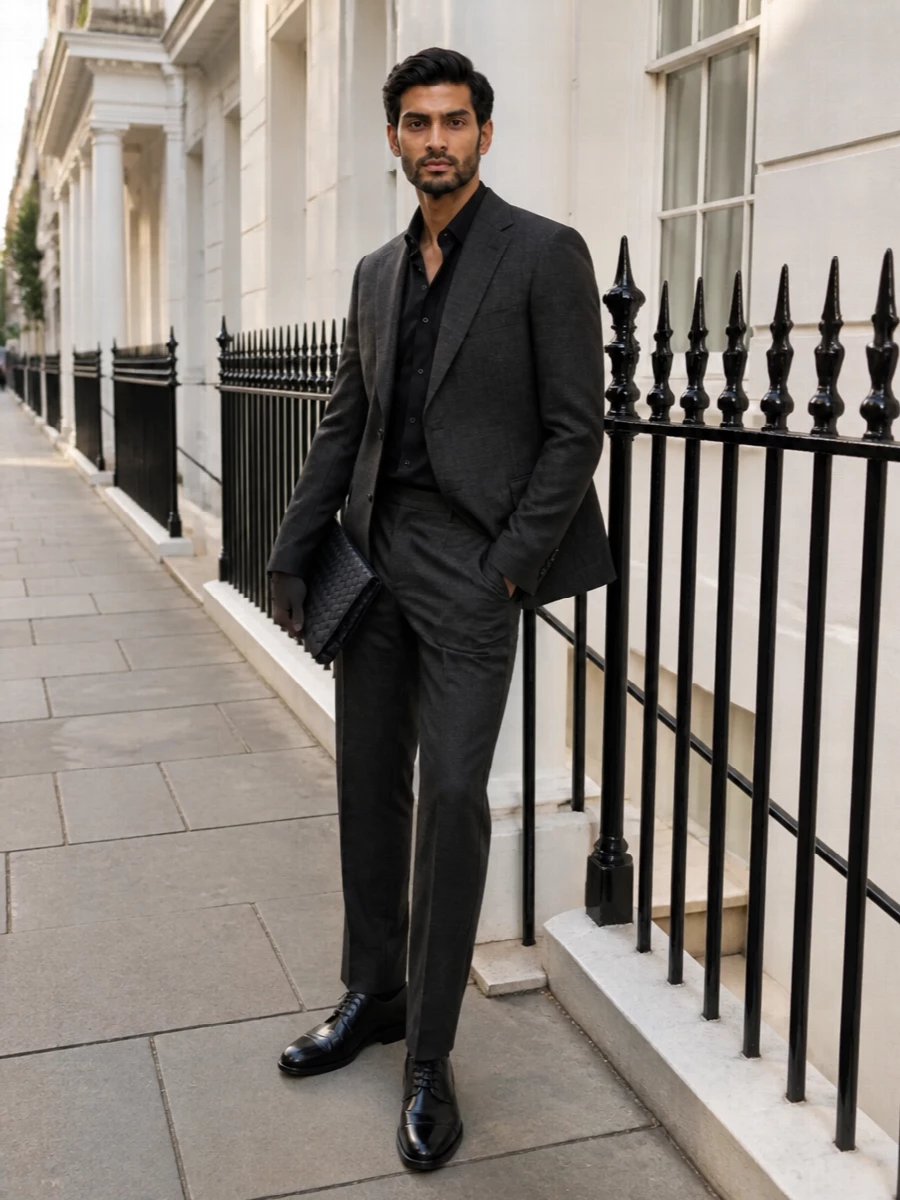 Charcoal tailoring and high-shine black leather come together here in a quietly authoritative city ensemble. The Brioni jacket and Givenchy trouser create a clean, uninterrupted line that lets the Church’s cap-toe Oxfords do the talking. A slim Bottega Veneta clutch finishes the outfit with subtle texture and a composed, evening-ready edge.