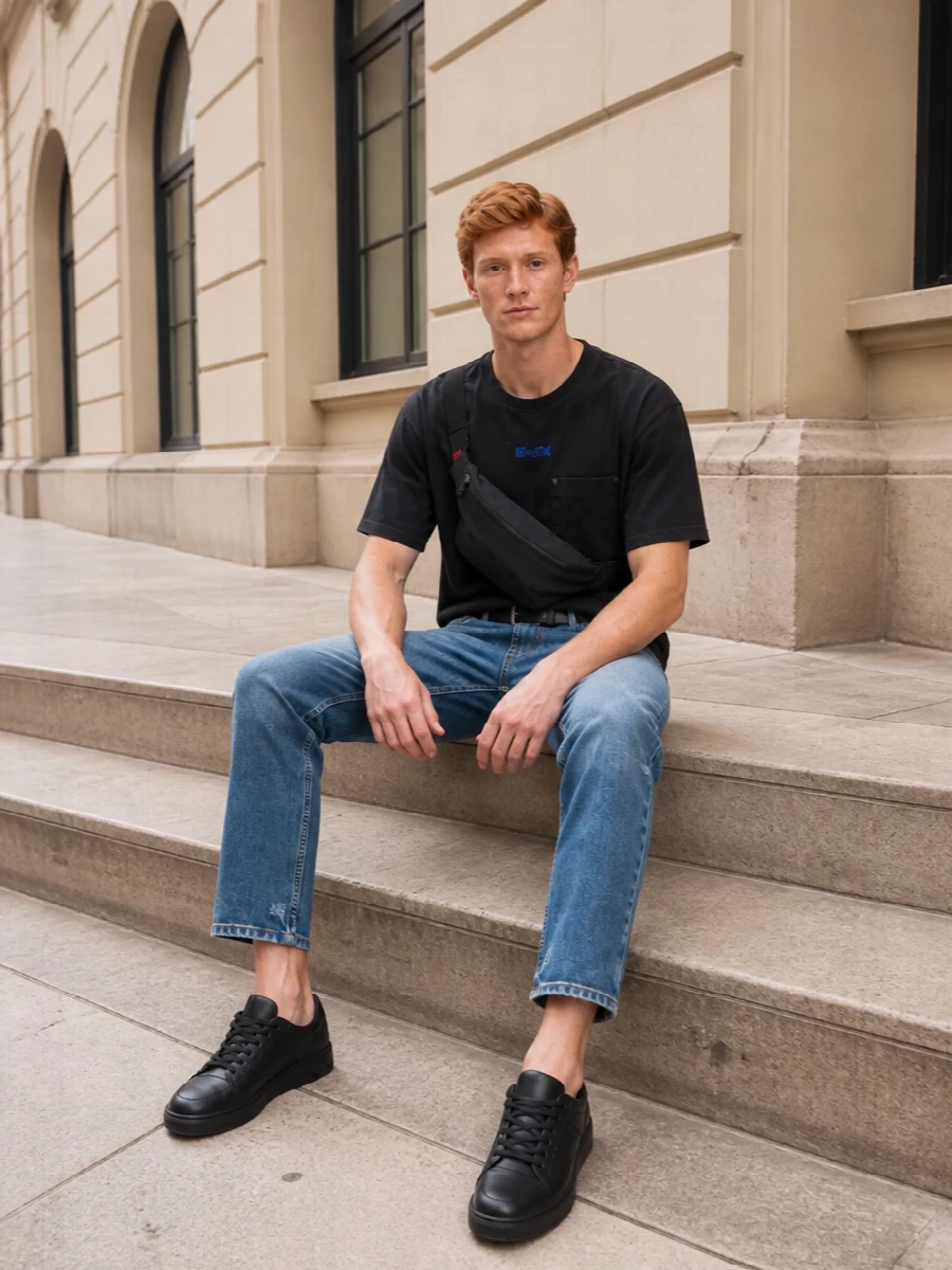 Hugo jeans black logo tee sneakers outfit