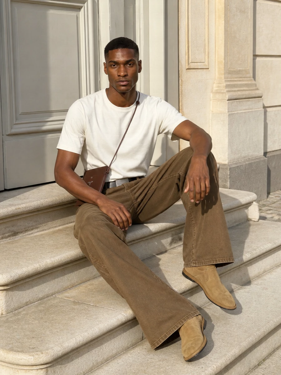Tobacco wide-leg denim meets a soft off-white tee for a clean, relaxed base that feels modern and unfussy. Camel suede slip-ons keep everything low to the ground, while a slim chocolate crossbody and discreet black belt tie the warm browns together with a quiet, city-ready finish. The proportions stay long and fluid up top with a defined waist and light, airy upper half so the jeans remain the focal point.