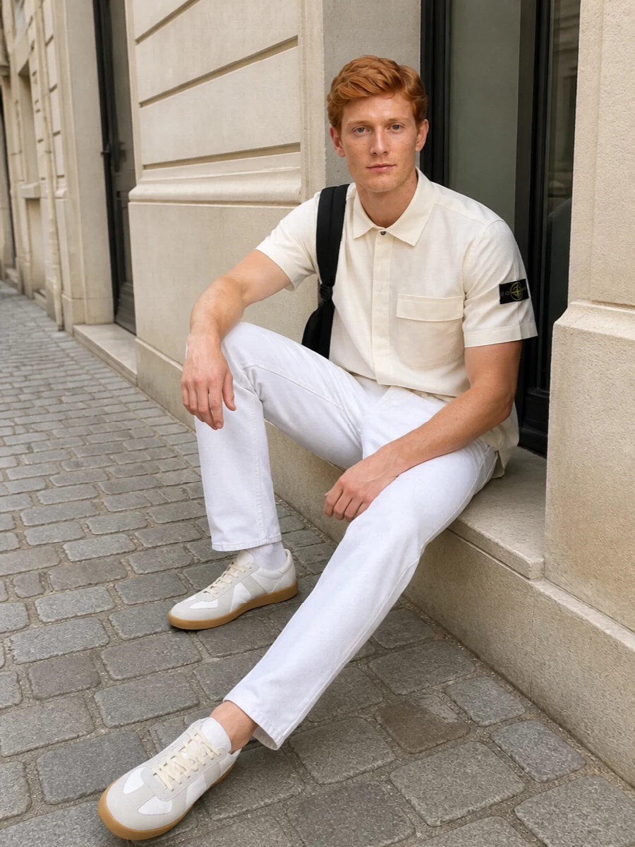 Stone island white jeans margiela sneakers outfit