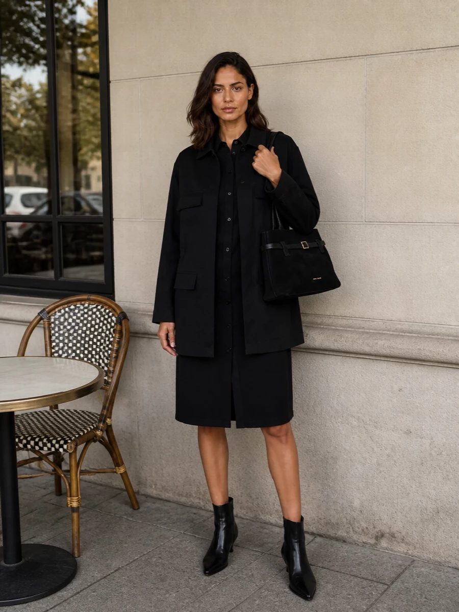 Toteme black shirt dress utility coat outfit