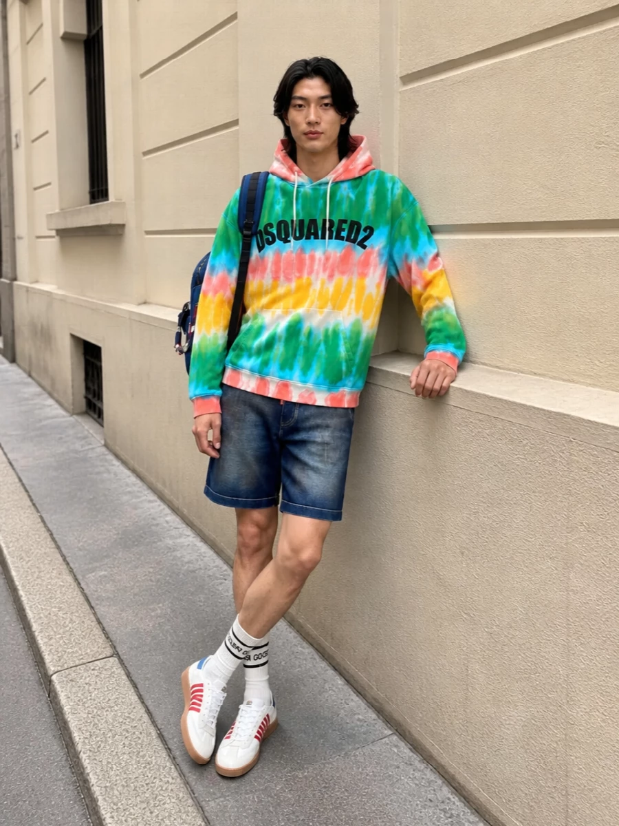 Dsquared2 tie dye hoodie denim shorts sneakers