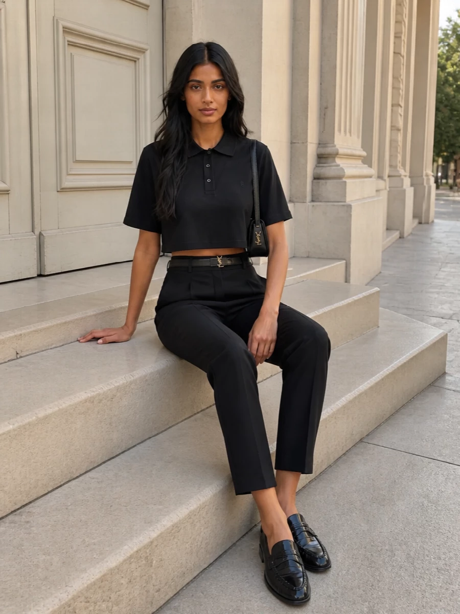 Saint laurent black polo tailored trousers outfit