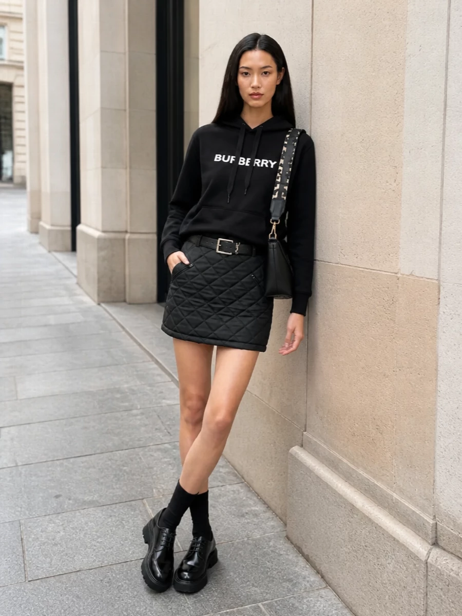 Burberry hoodie quilted black mini skirt outfit