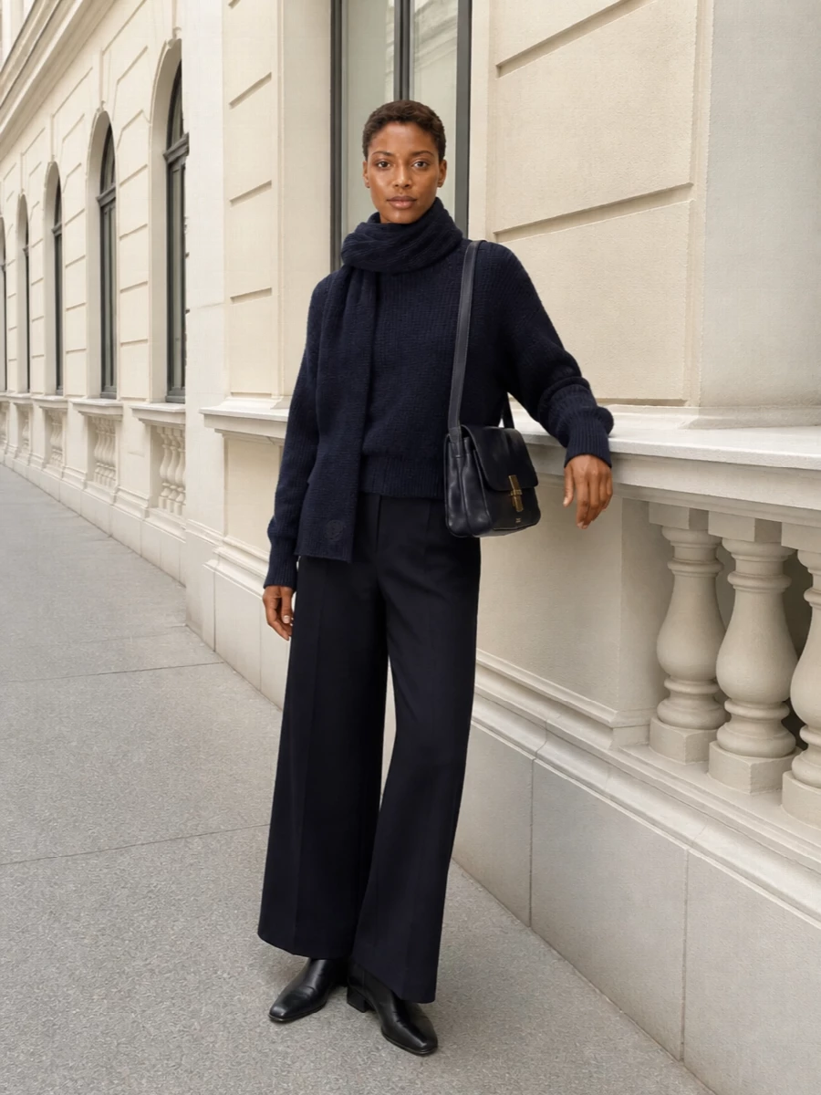 Closed navy sweater semicouture wide leg trousers