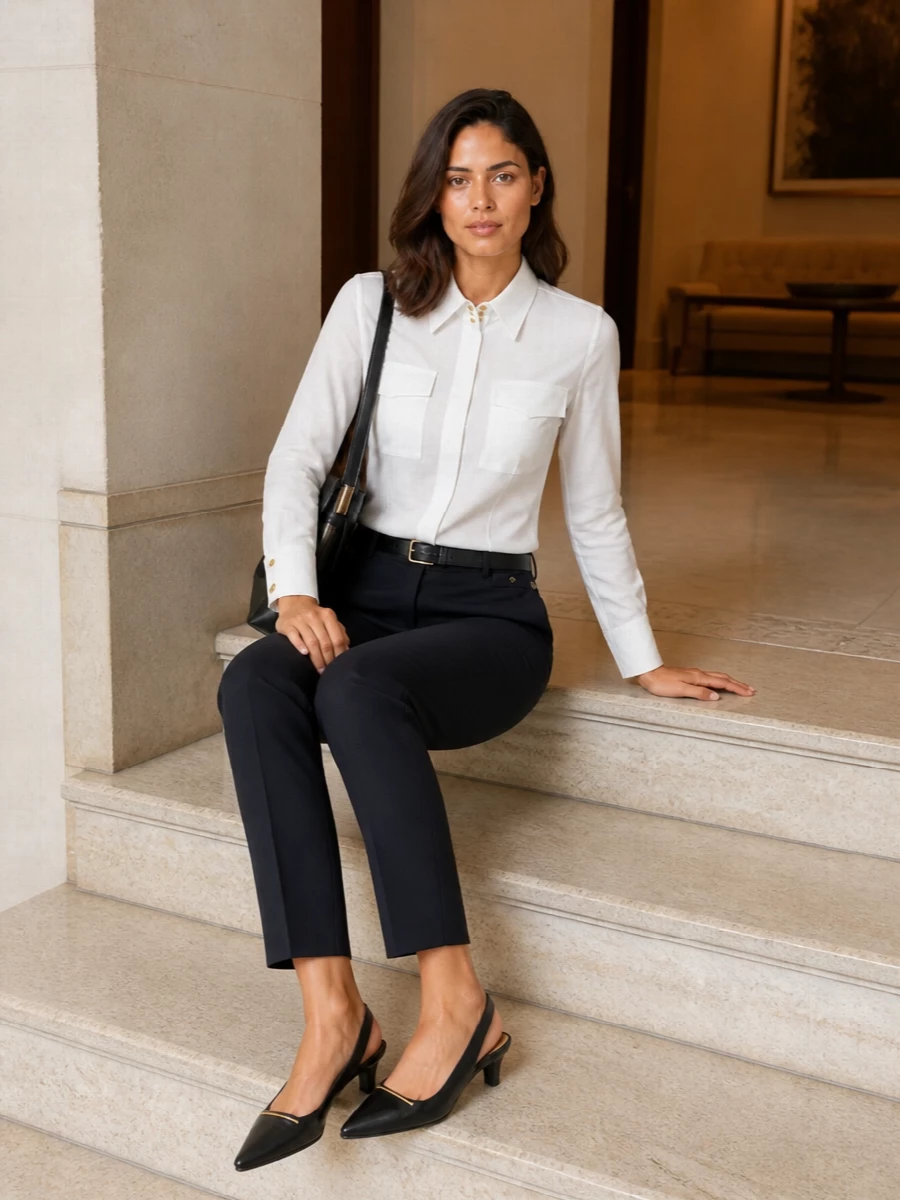 A crisp white Elisabetta Franchi shirt is grounded by deep navy tailored trousers for a clean, boardroom-to-dinner uniform. Black pointed slingbacks and a folded shoulder bag keep the line sharp and minimal, while a slim black belt with gold hardware subtly echoes the shirt’s buttons. The result is quietly assertive tailoring that reads polished without feeling severe.