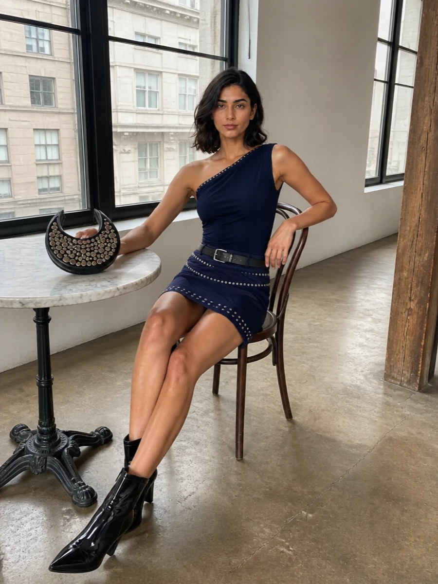 Gimaguas studded navy mini skirt ankle boots