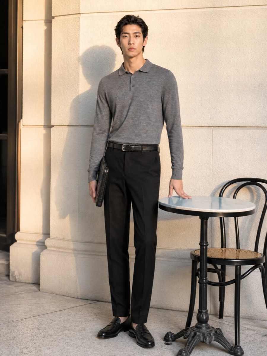 Vince trousers grey knit polo prada loafers