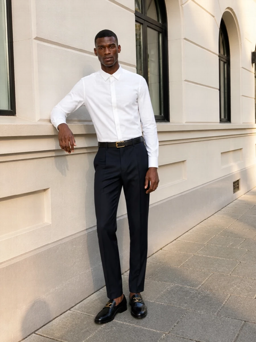 Valentino navy trousers white shirt outfit