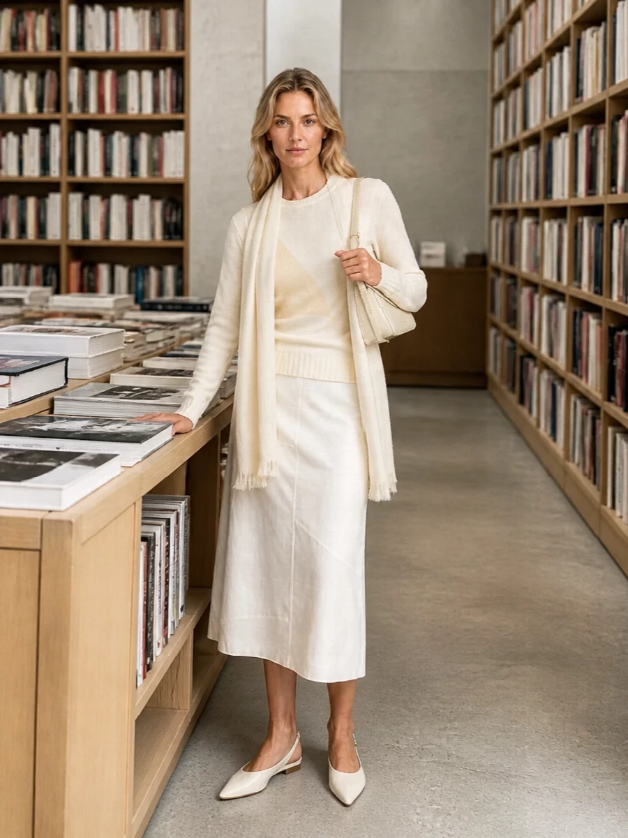 An all-cream story that feels calm and precise, pairing the geometric Jil Sander knit with a softly structured high-waisted midi skirt. The pointed slingback and slim buttercream shoulder bag keep the line elongated and intentional, ideal for quiet city days that move easily into dinner. Tonal shifts from ivory to buttercream give depth without ever breaking the serenity.