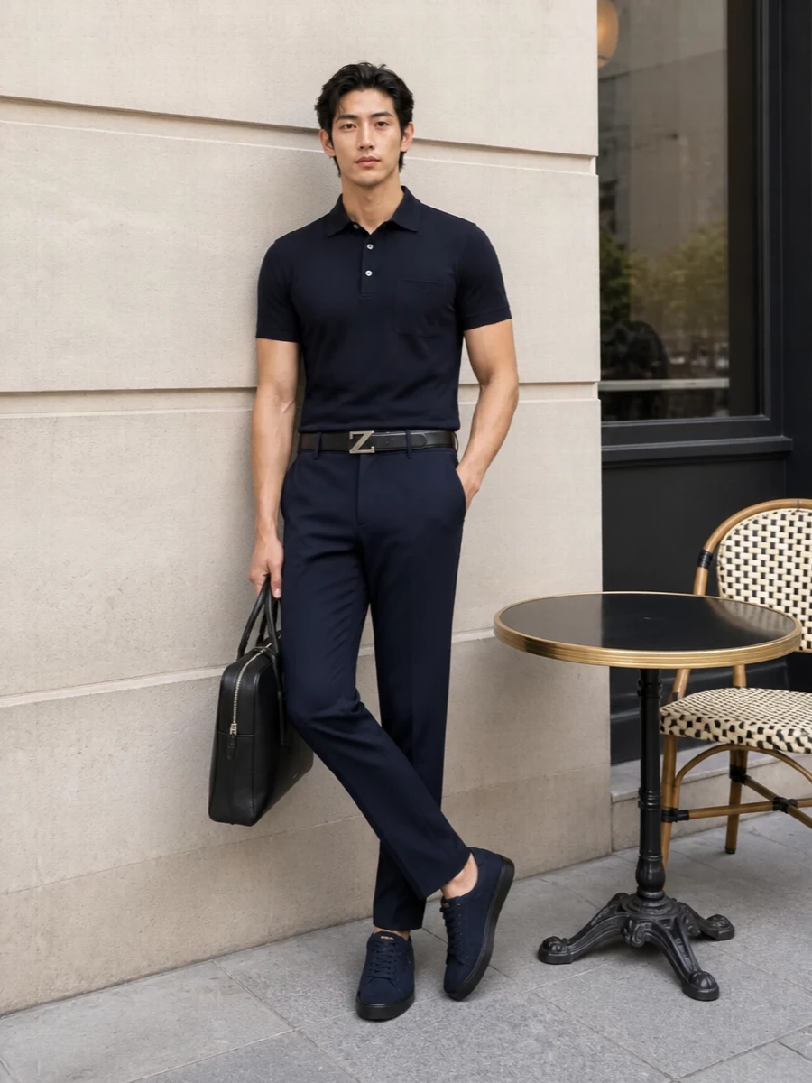Zegna navy polo tailored trousers prada sneakers