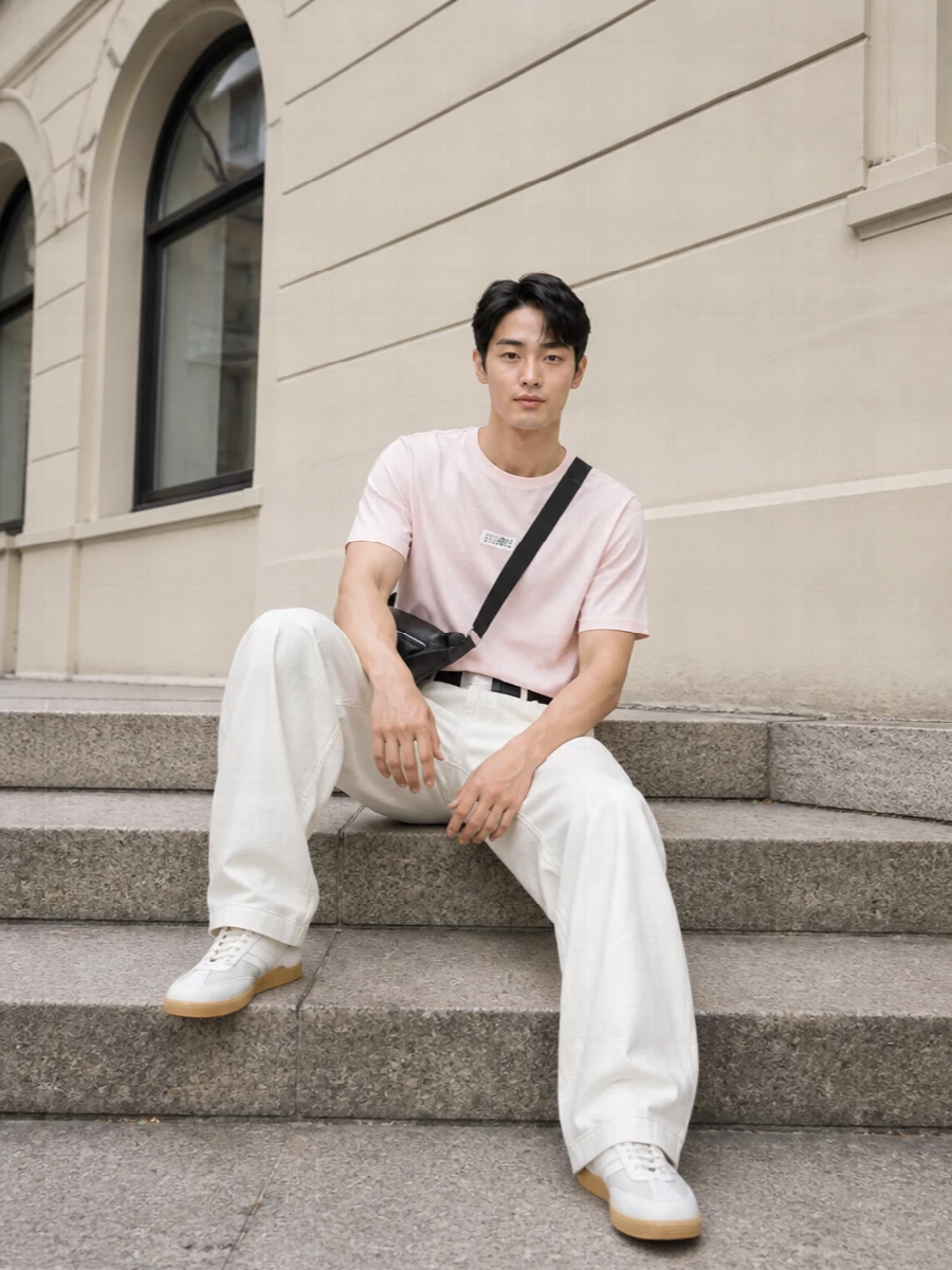 A pale pink Mm6 tee sits above washed off-white wide legs for a soft, low-contrast take on streetwear. Off-white Margiela sneakers keep the line clean and light, while a padded black crossbody and slim black belt add just enough structure and depth without disturbing the calm palette.