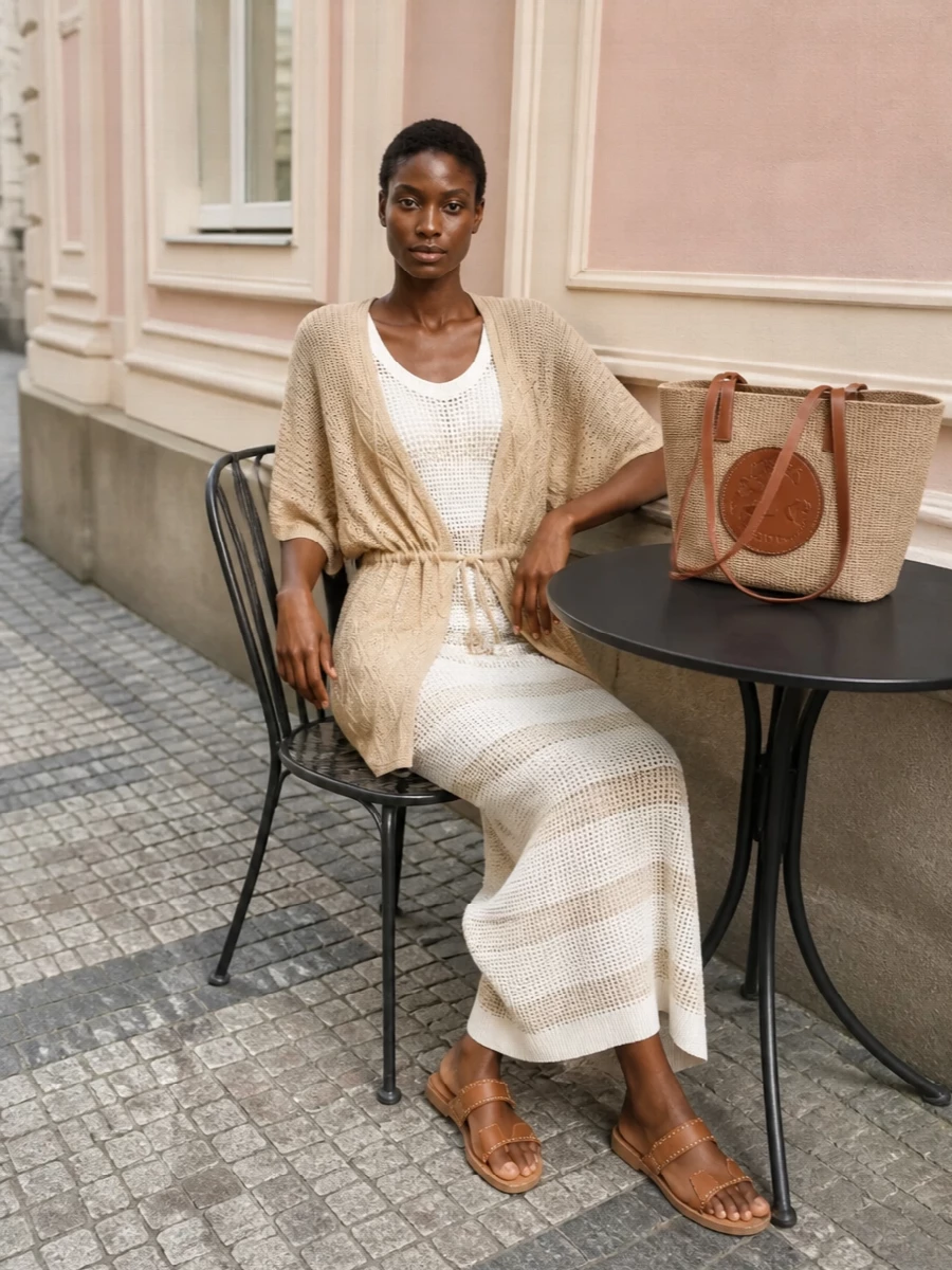 This look layers the Fendi sand open-knit cover-up over a Brunello Cucinelli striped ivory-and-sand crochet maxi, creating a long, tonal column that feels effortlessly boho and unmistakably luxurious for SS. Tan double-strap slides and a structured Chloé raffia tote pick up the warm leather accents and natural textures, keeping the silhouette relaxed yet impeccably edited for beach clubs and boat decks. Choosing the dress route over separates preserves a fluid, uninterrupted line under the sheer knit, which is more elegant and intentional for resort styling.