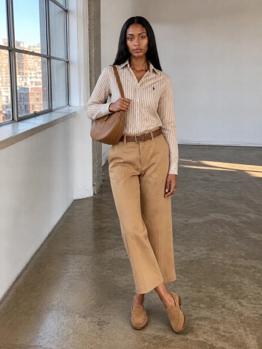 Camel chinos with a matching striped shirt create a warm, coastal Ralph Lauren palette that feels smart but relaxed. A suede driving loafer keeps the cropped hem clean, while a camel leather hobo and tan belt bring subtle structure and polish. It is an easy uniform for city errands, travel days, or casual office Fridays when you still want to look considered.