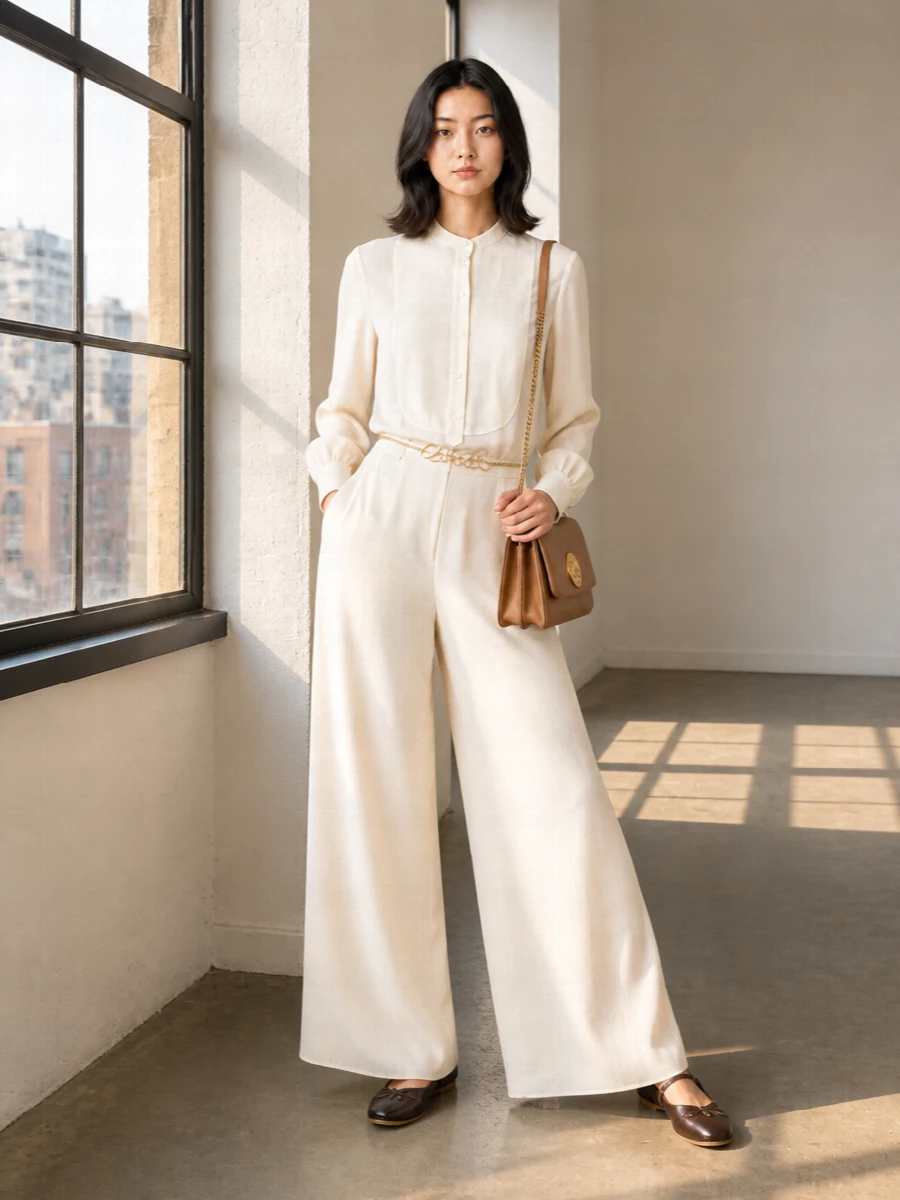 Chloe ivory wide leg trousers neutral blouse