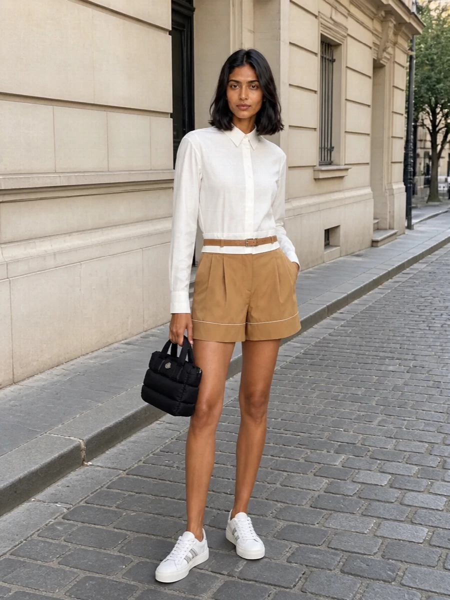 Moncler camel shorts white shirt sneakers