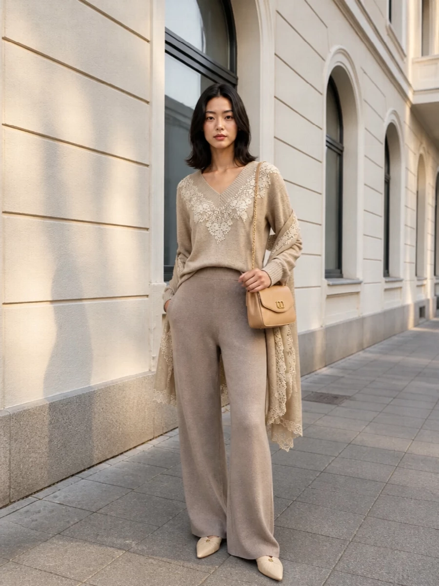 Alberta ferretti lace sweater taupe knit trousers