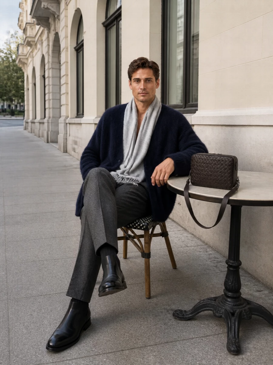 Bottega cardigan charcoal trousers chelsea boots