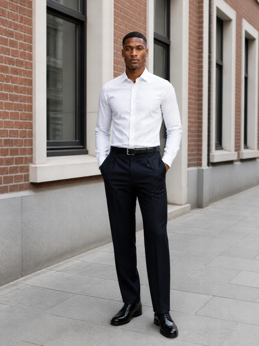 Etro white shirt navy trousers black derby