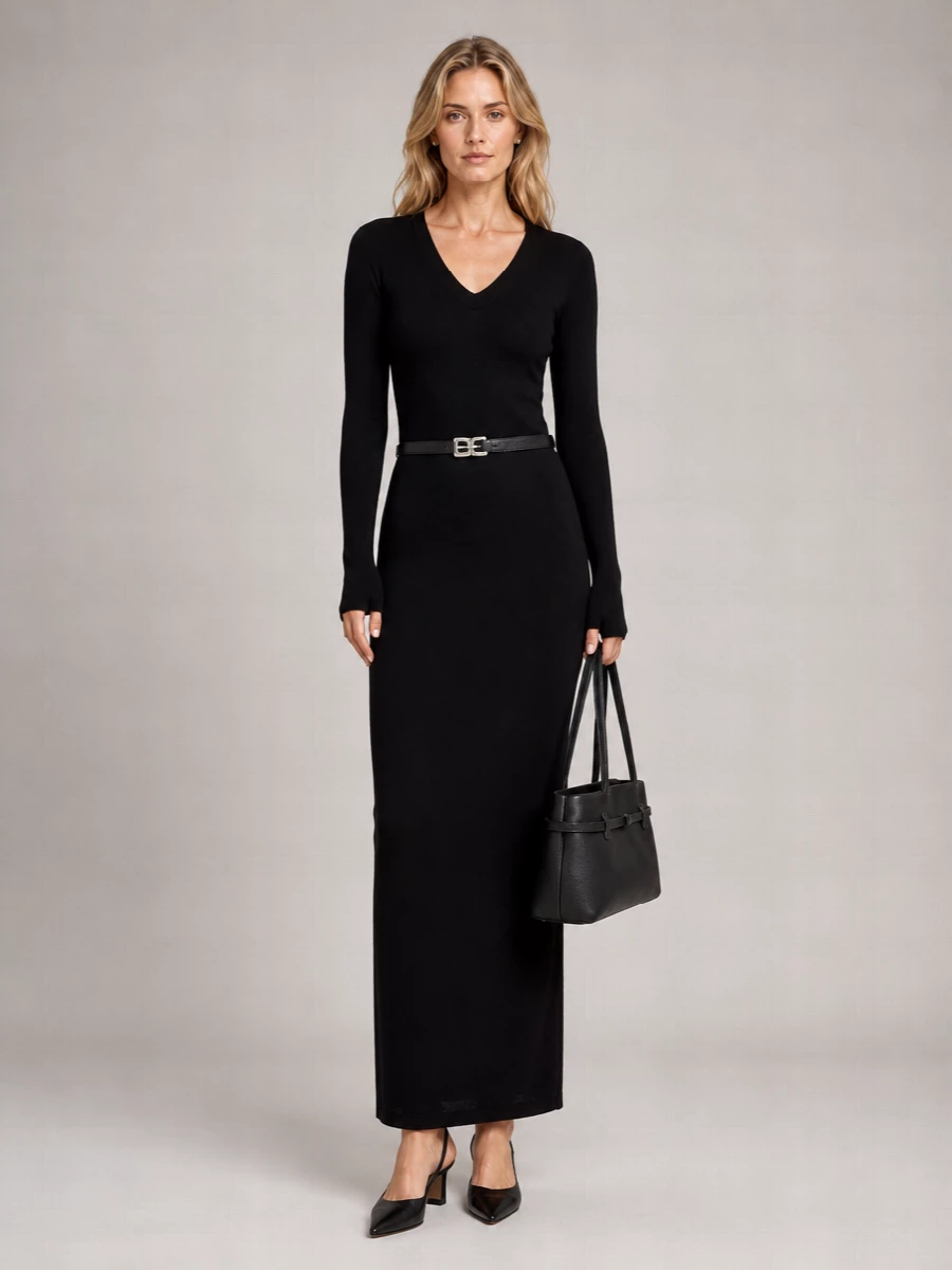 Entire Studios V-Neck Long-Sleeve Midi Knit Dress