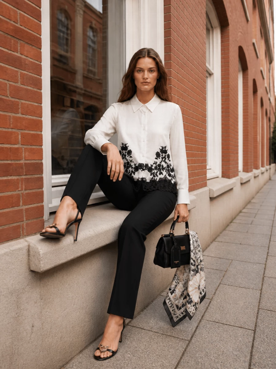 A white lace-hem shirt and precise black tailoring create a romantic monochrome ensemble that feels polished but not severe. The long, straight trouser balances the shirt’s length, while slender black stilettos and a compact top-handle bag keep everything light and evening ready. A silk floral foulard picks up the lace motif in a subtle, graphic way for a final note of refinement.