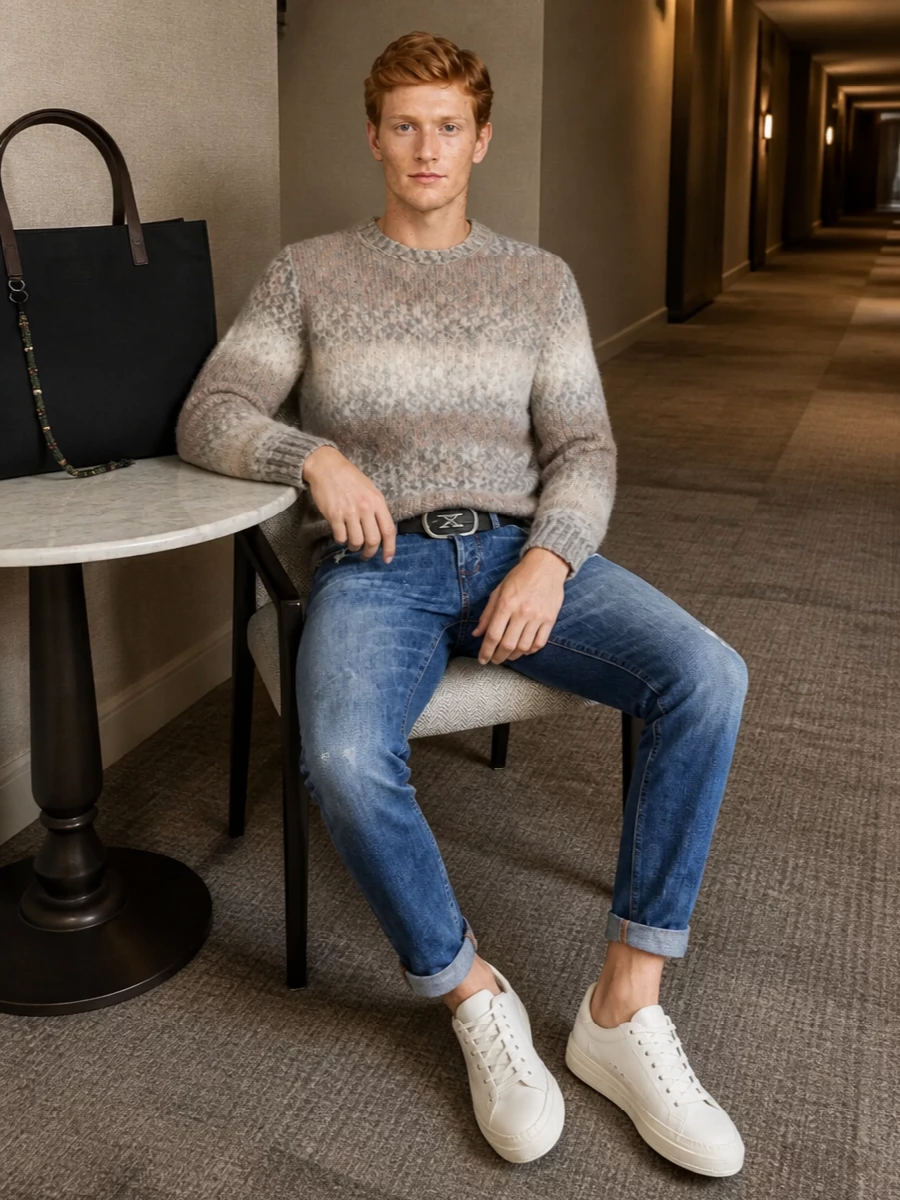 Dondup jeans neutral knit dsquared2 sneakers outfit