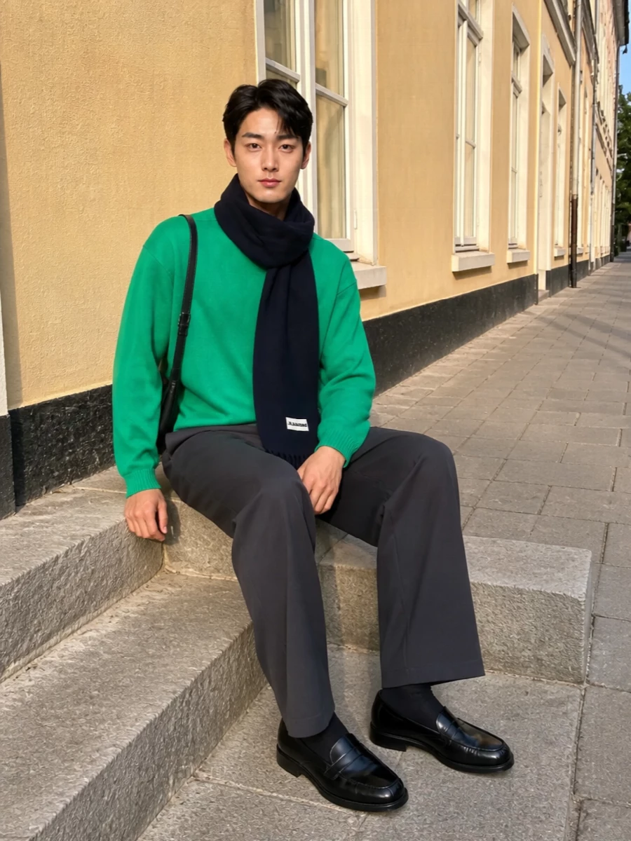 Studio nicholson green sweater wide leg trouser