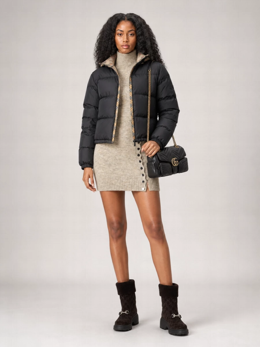 I am anchoring this with the dress route, letting a slim knit mini sit under the cropped Burberry puffer so the volume reads intentional and the leg line stays long. The Isabel Marant sweater dress, dark Gucci shearling boots, and black quilted Gucci bag create a quietly expensive winter streetwear story in neutrals, with the Burberry check peeking at the hood as the only pattern. It feels like cold-day city dressing that is practical, tactile, and still sharp enough for coffee-to-wine evenings.