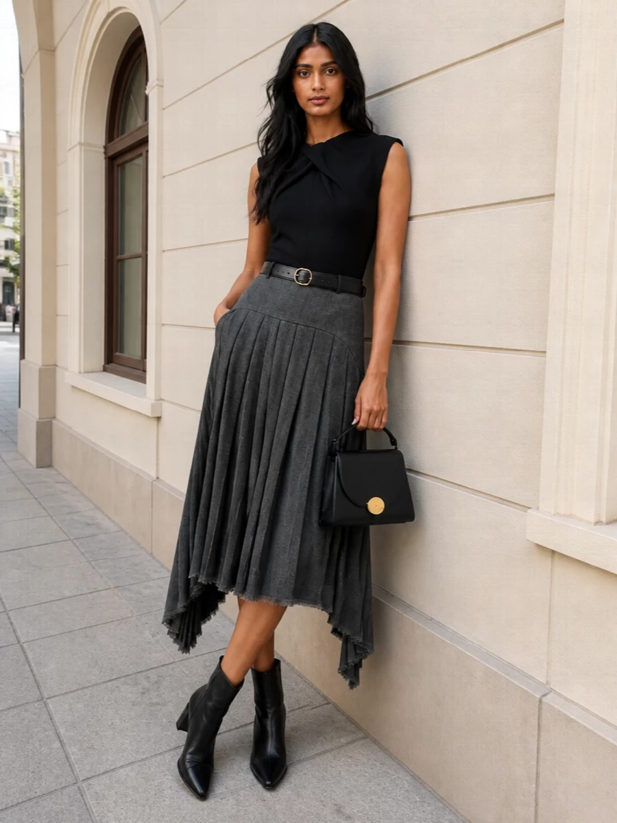 Jil sander asymmetric grey midi skirt outfit