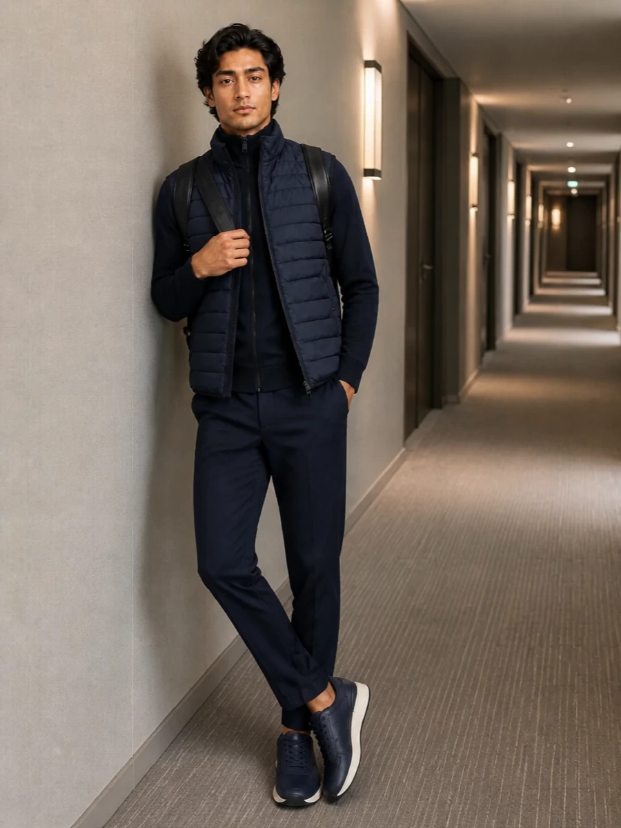 Boss navy gilet tapered trousers outfit