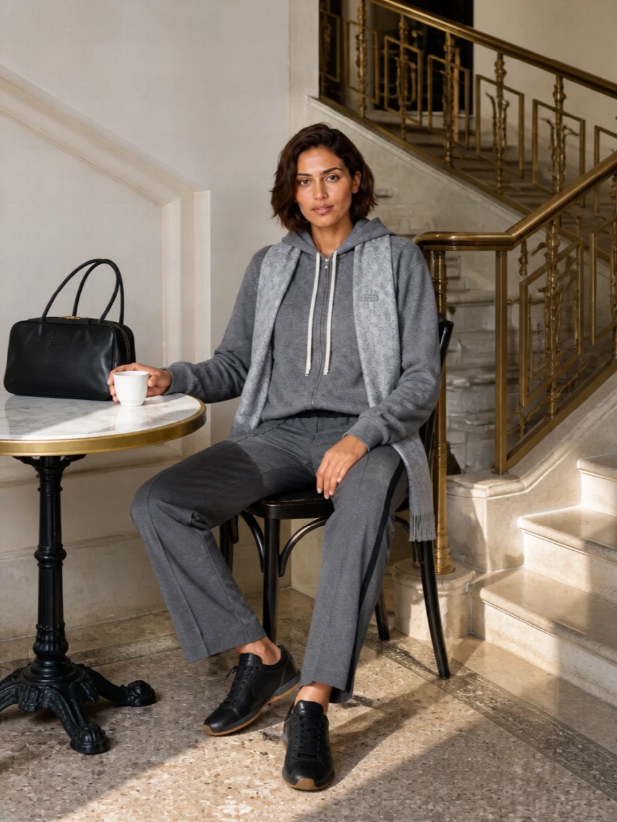 Miu miu grey hoodie tailored track pants outfit