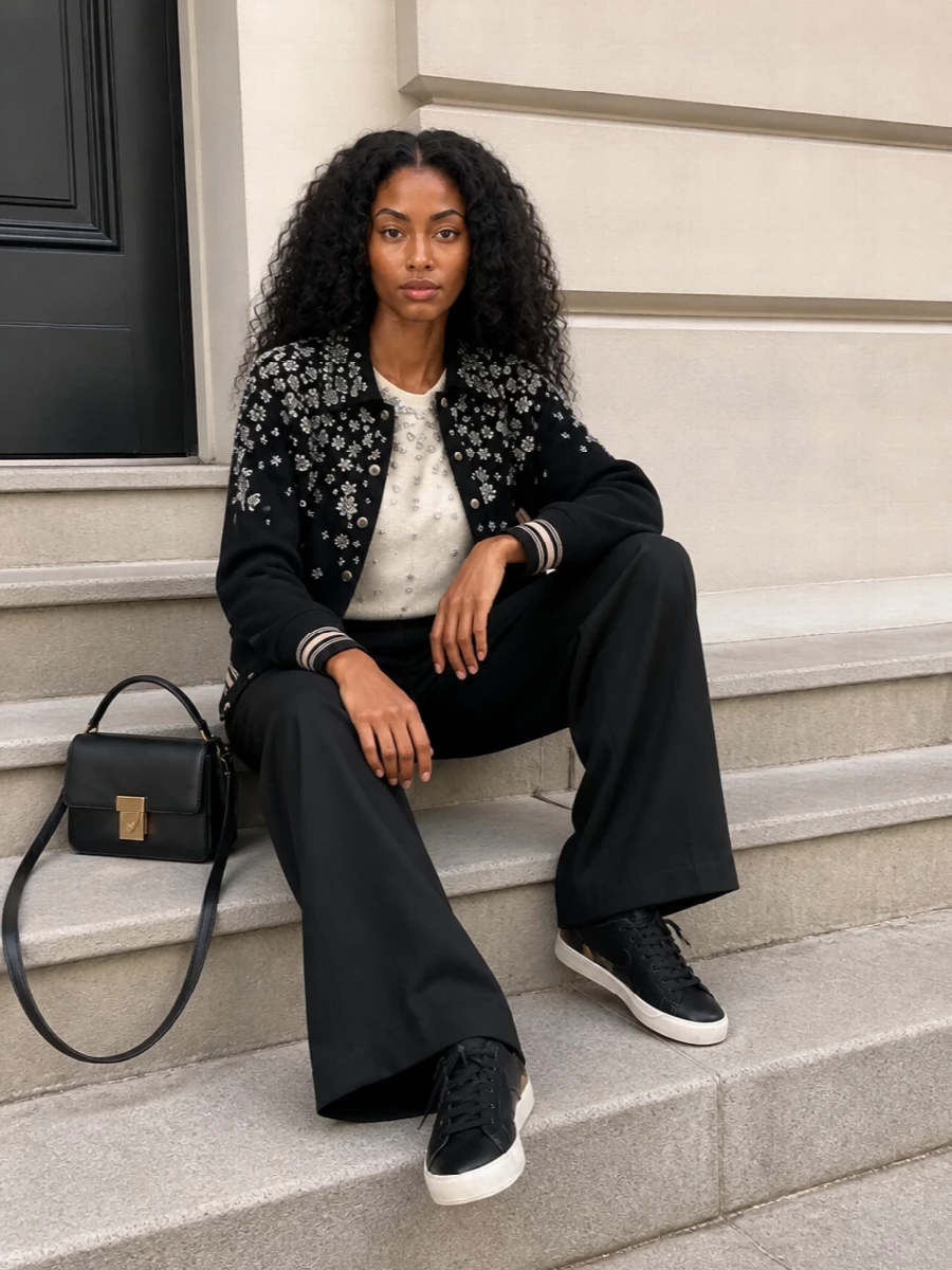 Golden goose embellished varsity jacket wide leg trousers