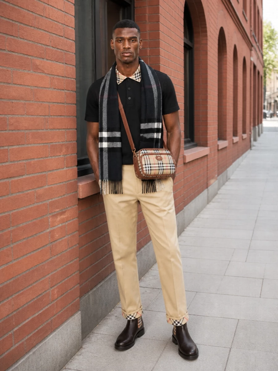 Charcoal and beige stay in quiet conversation here, with the polo’s archive-check collar echoed only at the chino cuffs and the compact crossbody. Dark brown Chelsea boots ground everything with a smart, easy line, while the charcoal check scarf adds just enough structure and warmth for cooler city days. It is a polished, relaxed Burberry uniform that feels considered without ever looking overdone.