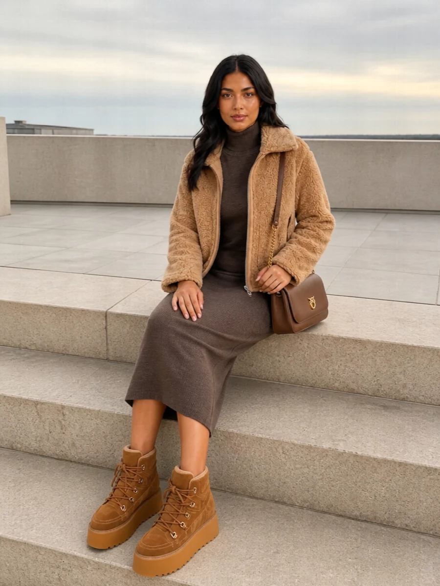The teddy jacket wraps around a mocha knit midi dress, keeping the silhouette long and clean while still feeling cocooned and off duty. Chunky camel hikers and a structured camel cross-body keep the palette tight and warm, so the texture mix does the talking. I chose the dress path here because a single column under shearling feels more modern and considered than breaking it up with a separate top and trouser line.