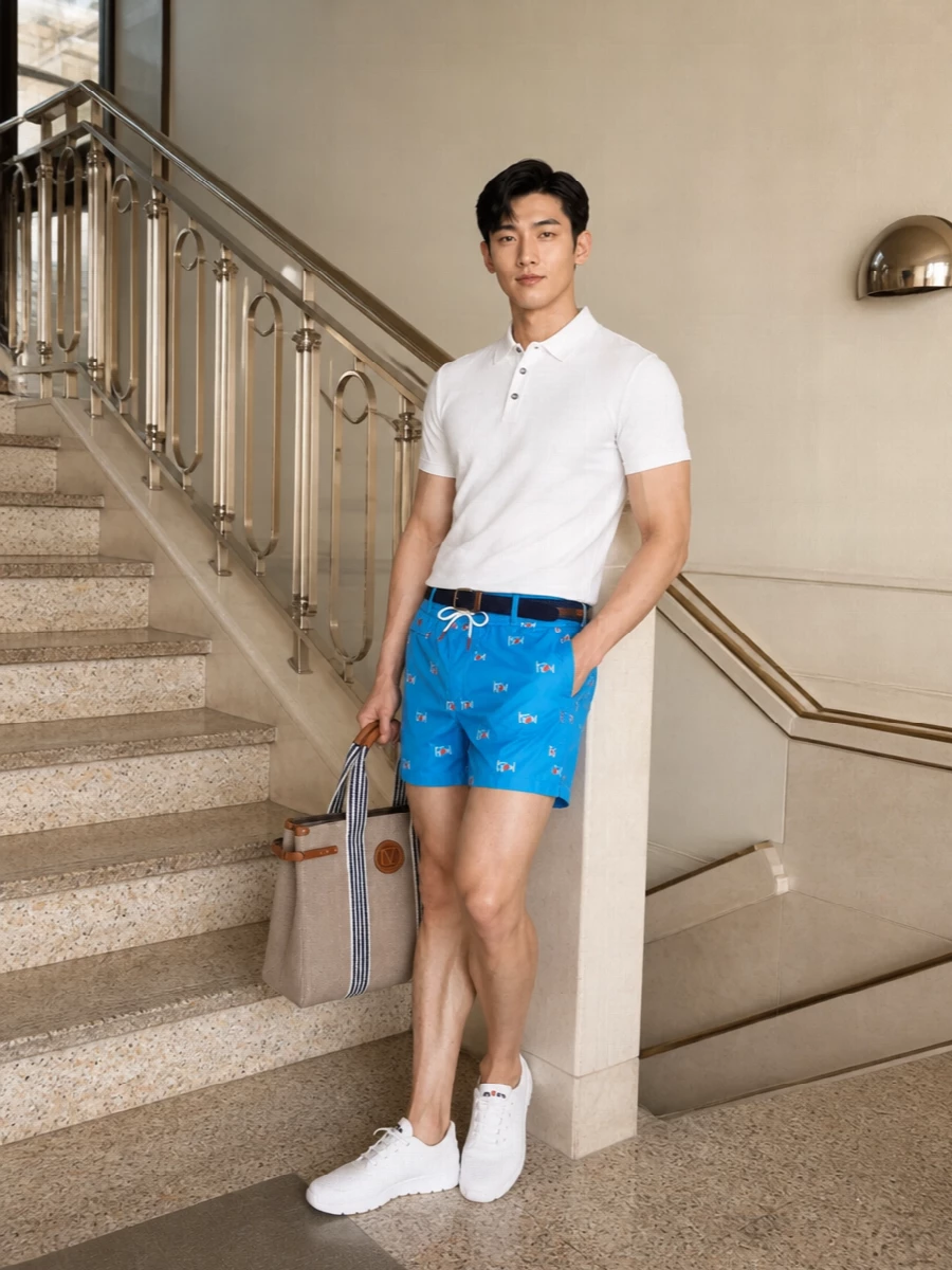 Kiton swim shorts white polo sneakers outfit
