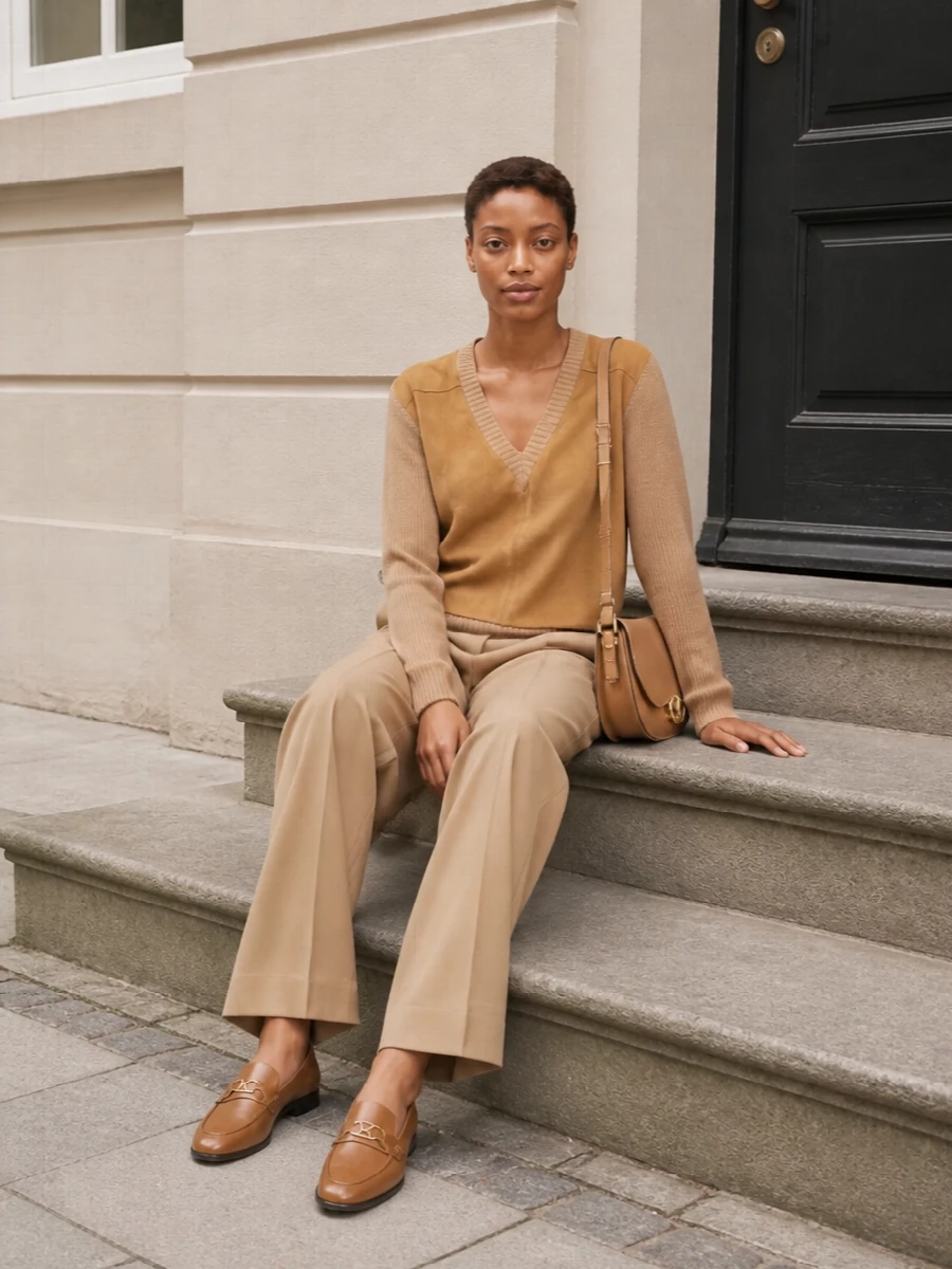 A camel-on-camel column keeps this knit and trouser pairing clean, elongating and quietly polished. The tailored wide leg sharpens the sweater’s softness, while tan leather accents and gold hardware add just enough definition. The result reads preppy and refined, perfect for a city day that might stretch into dinner.