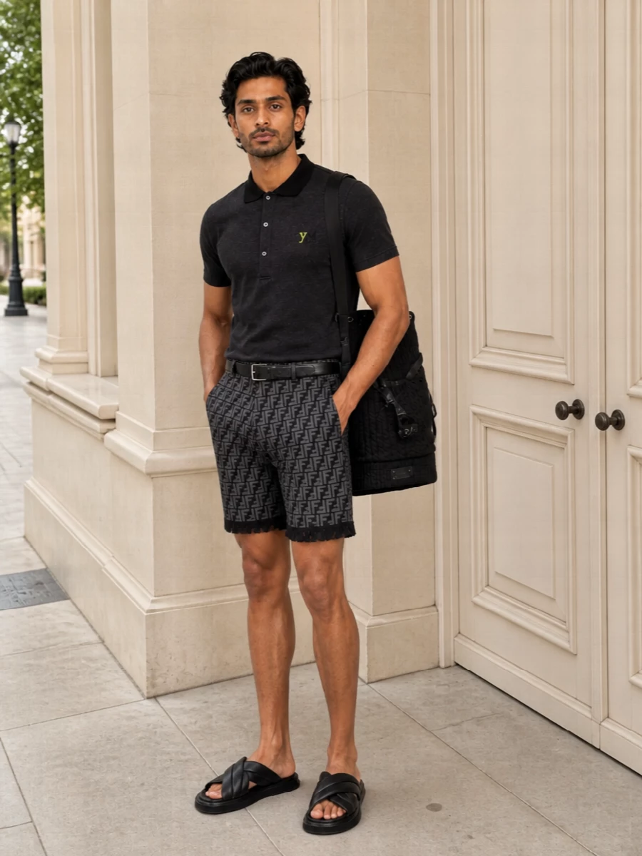 Fendi monogram swim shorts charcoal polo outfit