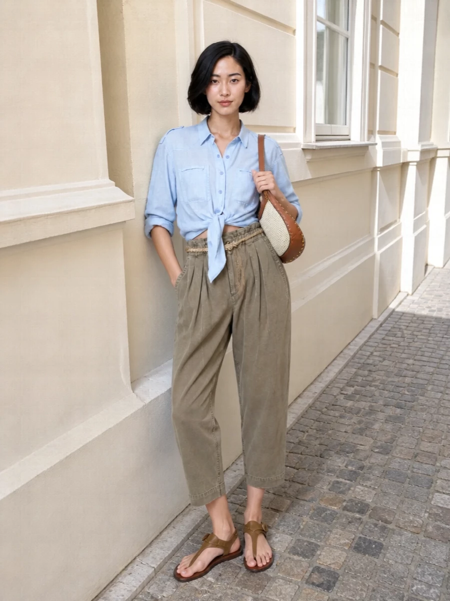 Isabel marant khaki trouser tie shirt outfit