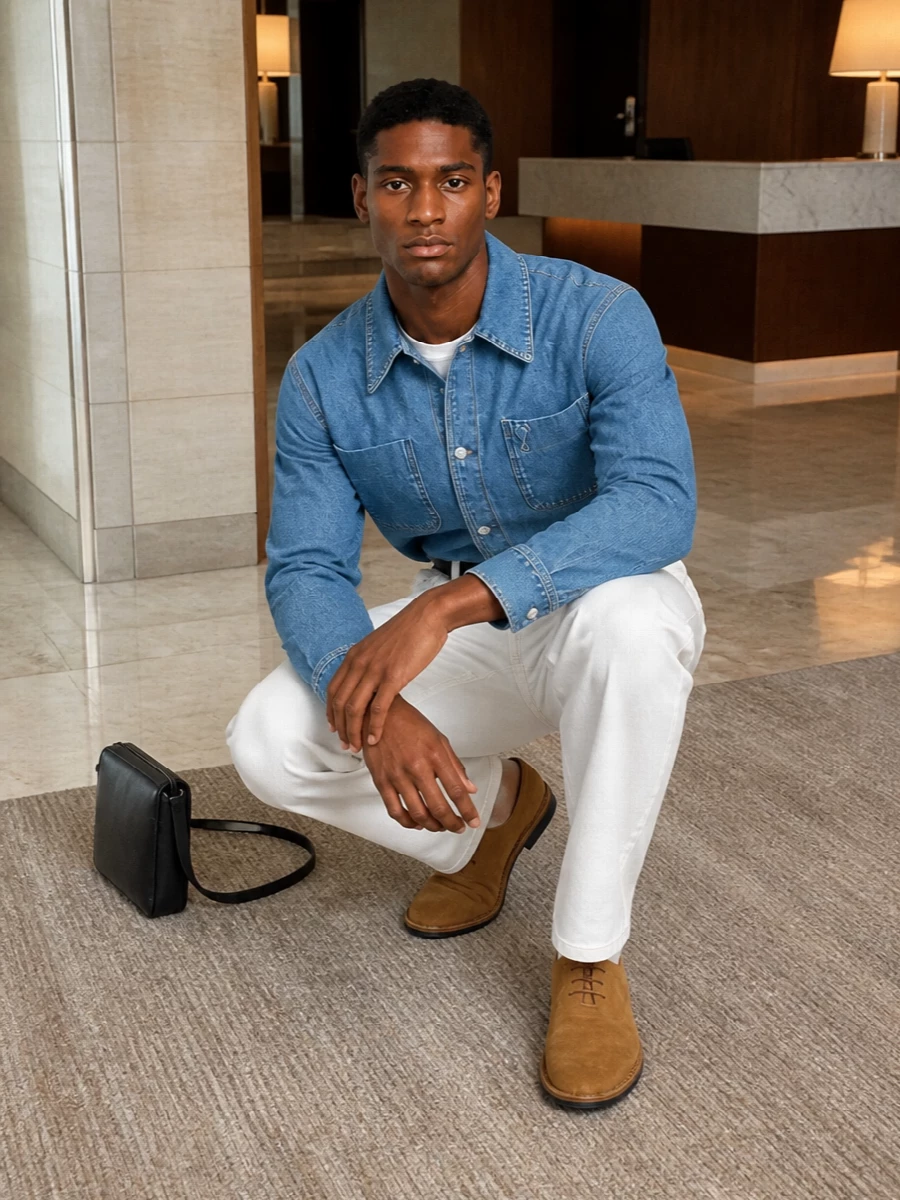 Ami denim overshirt white jeans suede shoes