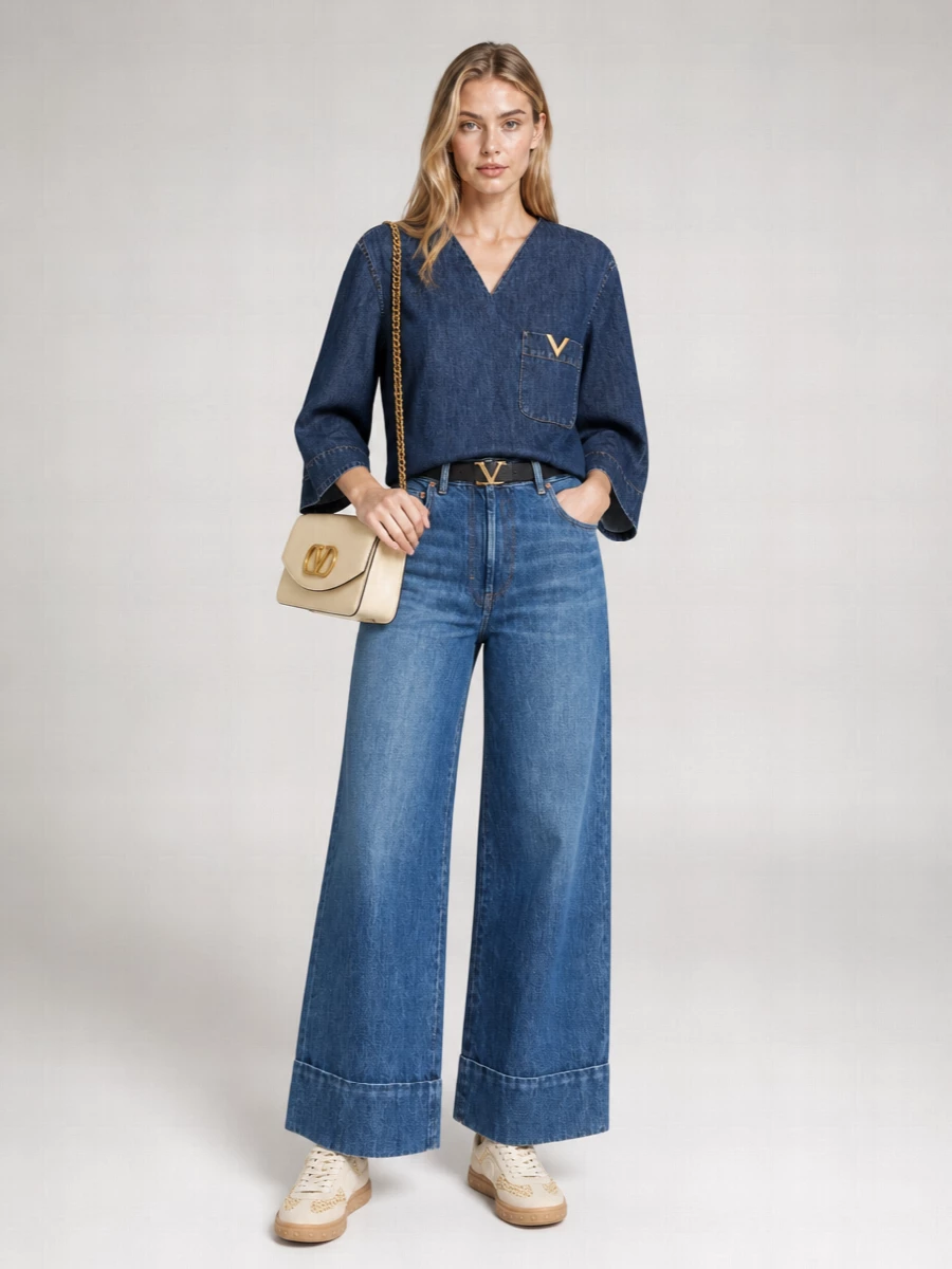 Valentino Garavani Denim V-Neck Long-Sleeve Shirt