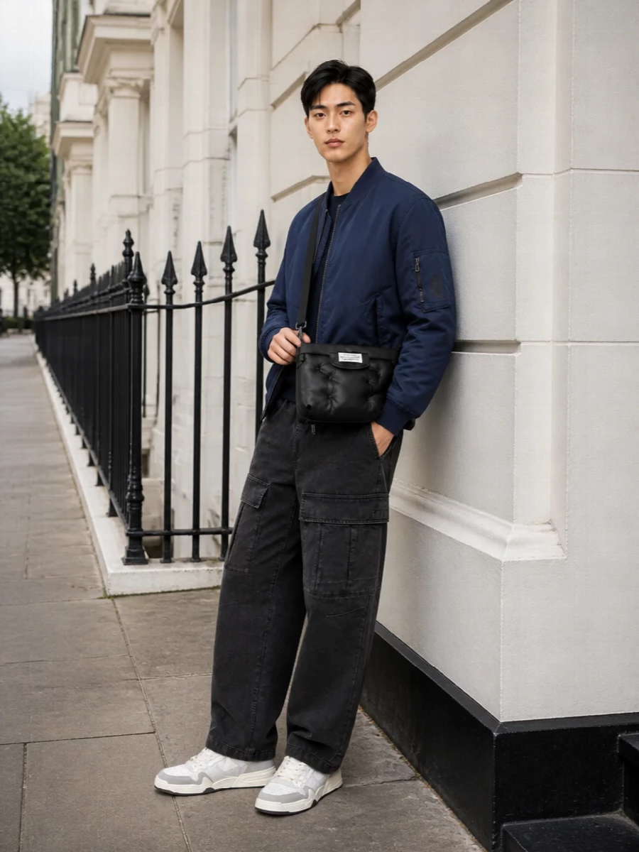 Navy on navy keeps the C.P. Company bomber calm while the Acne cargo denim and Zanotti sneakers push it firmly into modern streetwear. The Margiela padded crossbody echoes the outerwear's volume, so the whole kit feels intentional rather than thrown on. It is an easy cold-season uniform that reads premium without losing that relaxed, utility edge.